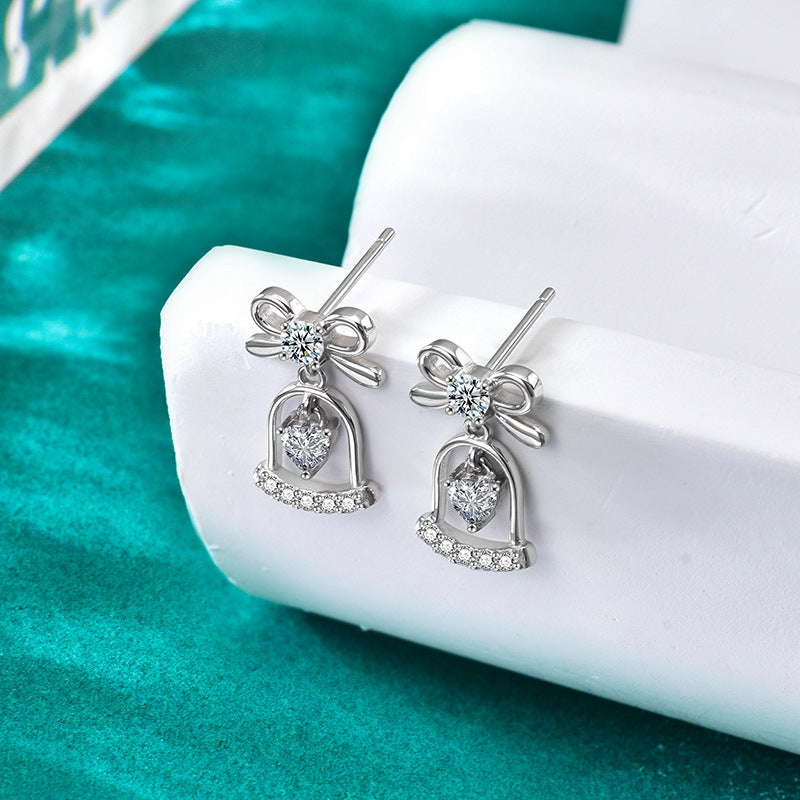 S925 Sterling Silver Moissanite Bow Bell Earrings Christmas Jewelry