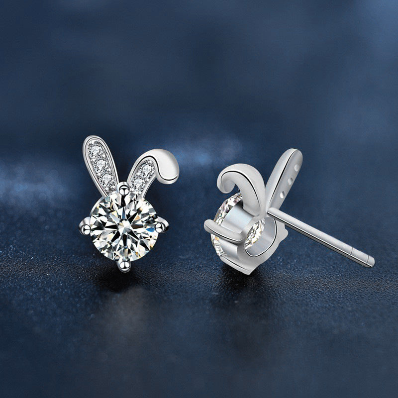 S925 Sterling Silver Cute Rabbit Stud Earrings with Moissanite