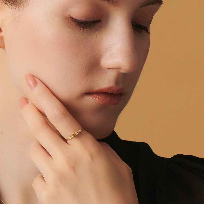 S925 Sterling Silver Gold-Plated Geometric Square Yellow Crystal Ring