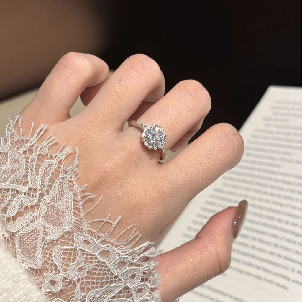 S925 Silver Flower Ring with Colored Moissanite