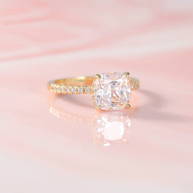 S925 silver four-claw 9 × 9 pillow 4-carat zircon ring