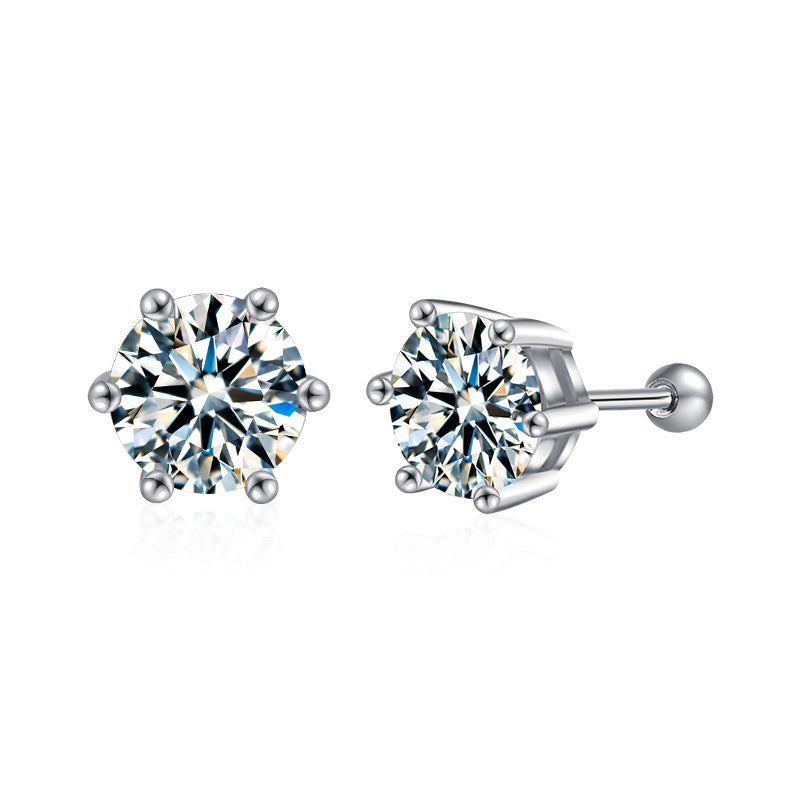 S925 Silver Threaded Stud Earrings — Classic Six-Prong Moissanite Studs