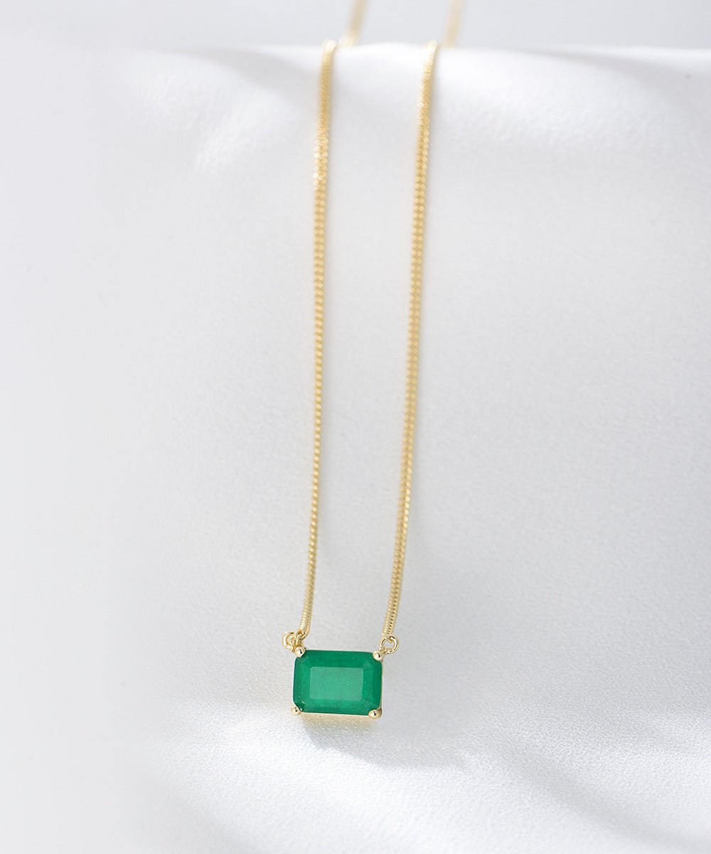 S925 Sterling Silver Square Emerald Colored Zircon Necklace