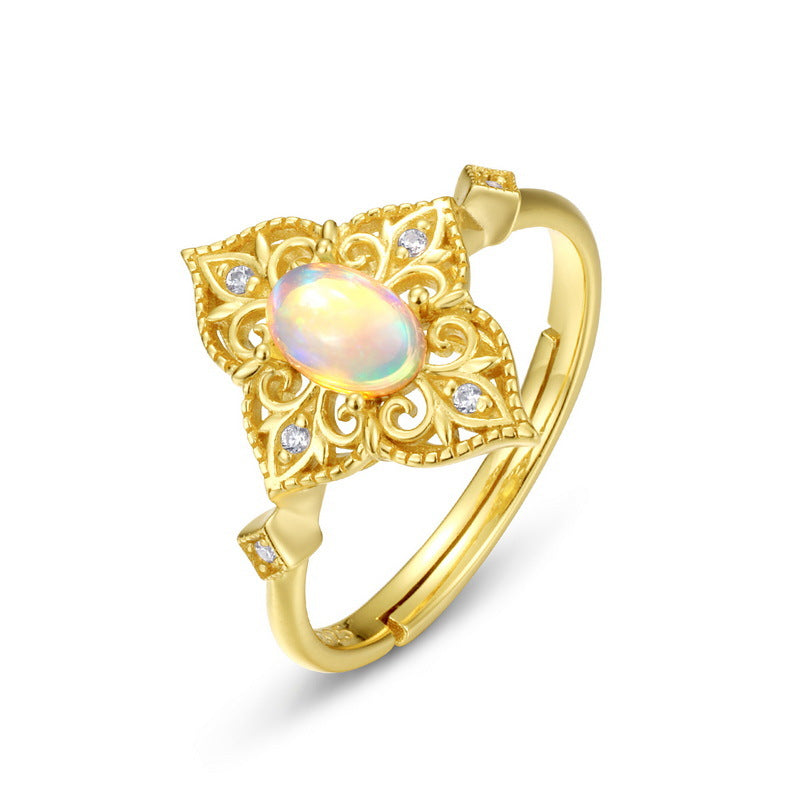S925 Sterling Silver Gold-Plated Vintage Style Natural Opal Zircon Ring