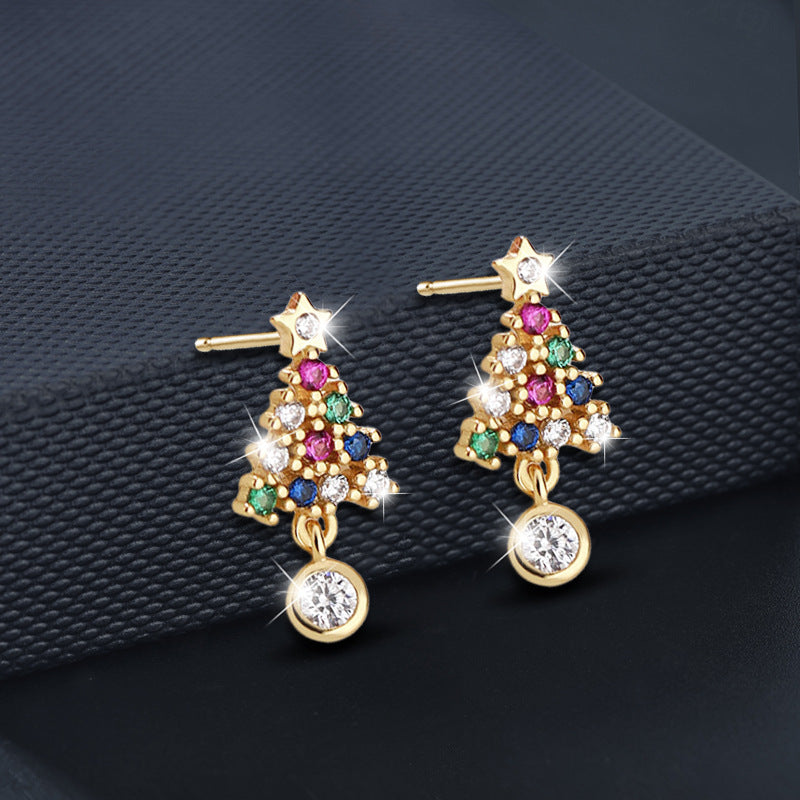 Moissanite Colorful Diamond Christmas Tree Stud Earrings — 925 Sterling Silver, Elegant Christmas Jewelry