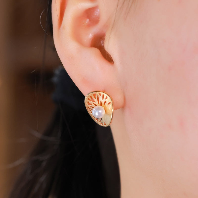 S925 Sterling Silver Gold-Plated Openwork Pattern Pearl Earrings