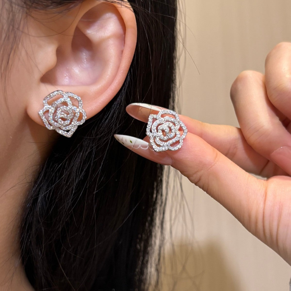S925 Silver Moissanite Rose Camellia Stud Earrings