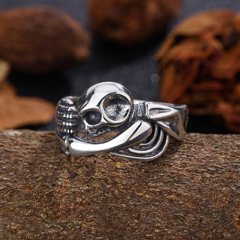 S925 Sterling Silver Halloween Distressed Skull and Skeleton Ring