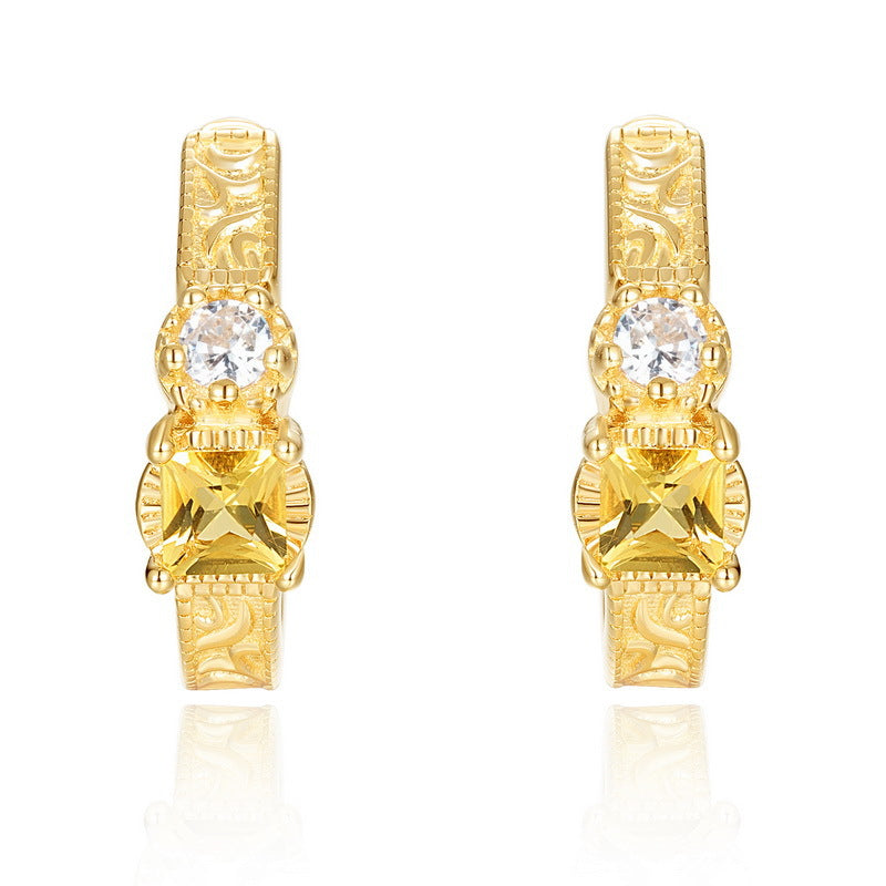 S925 Sterling Silver Gold-Plated Square Yellow Crystal Earrings