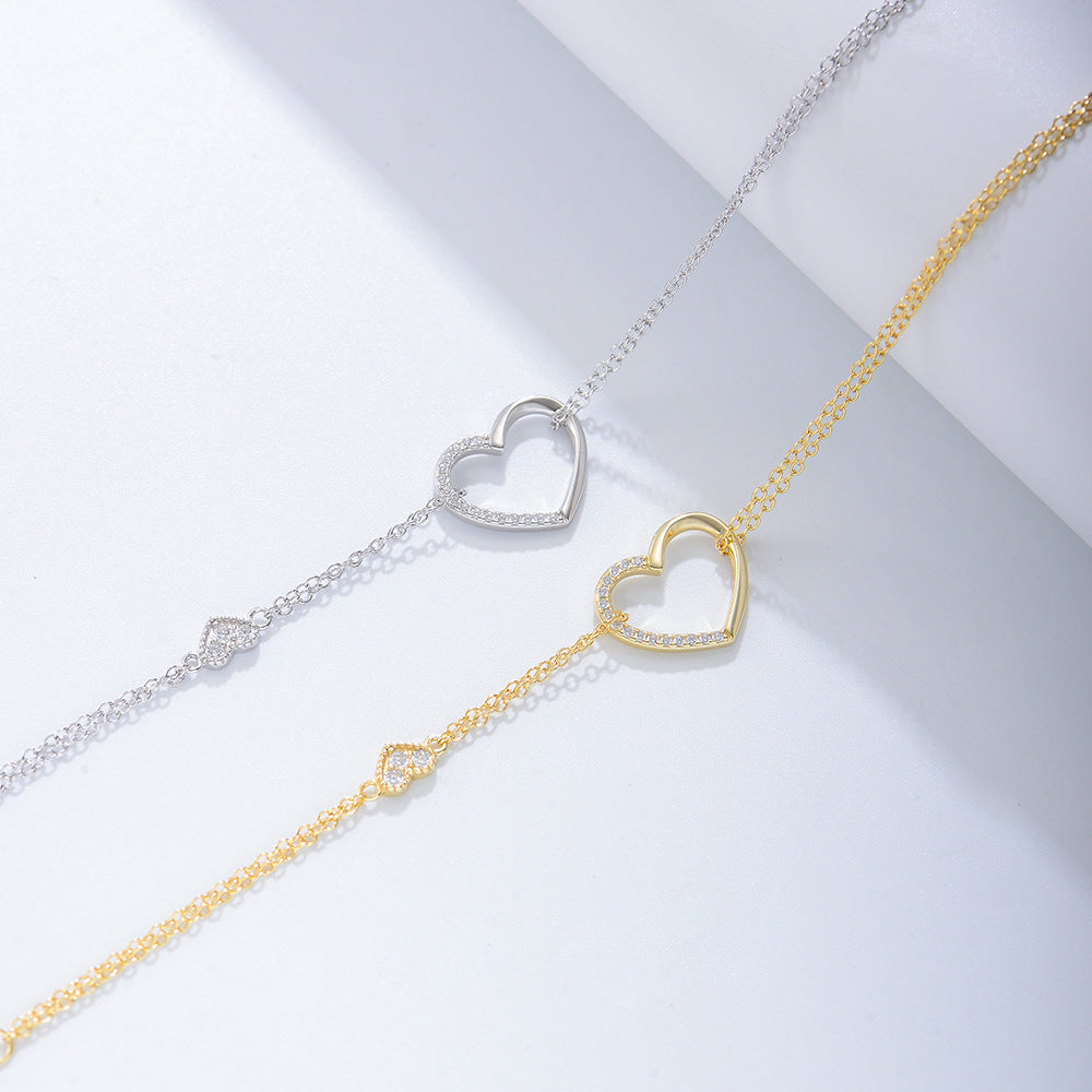 S925 Sterling Silver Zircon Inlaid Heart-Shaped Double-Layer Bracelet