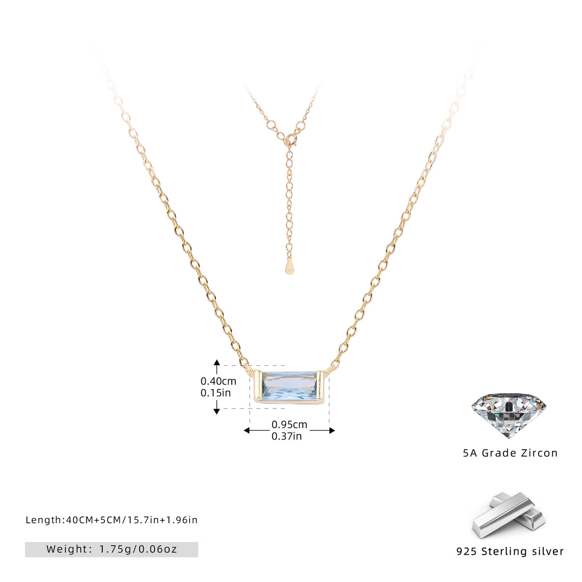 Rectangular colored zircon s925 sterling silver December birthstone collar necklace