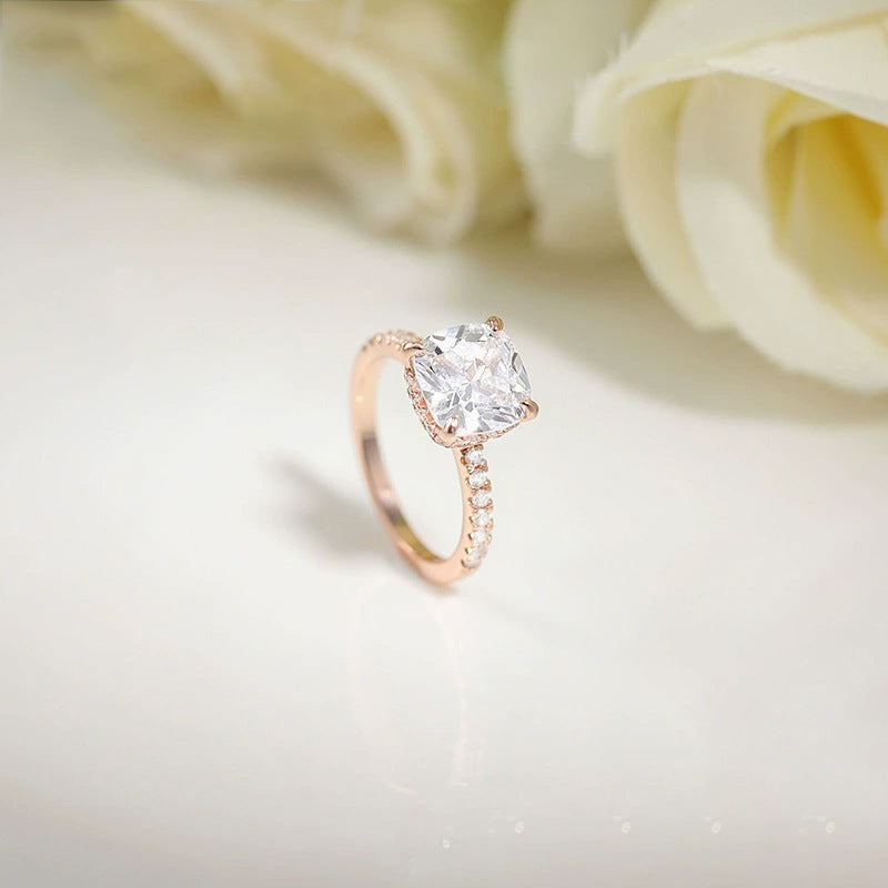 S925 silver four-claw 9 × 9 pillow 4-carat zircon ring
