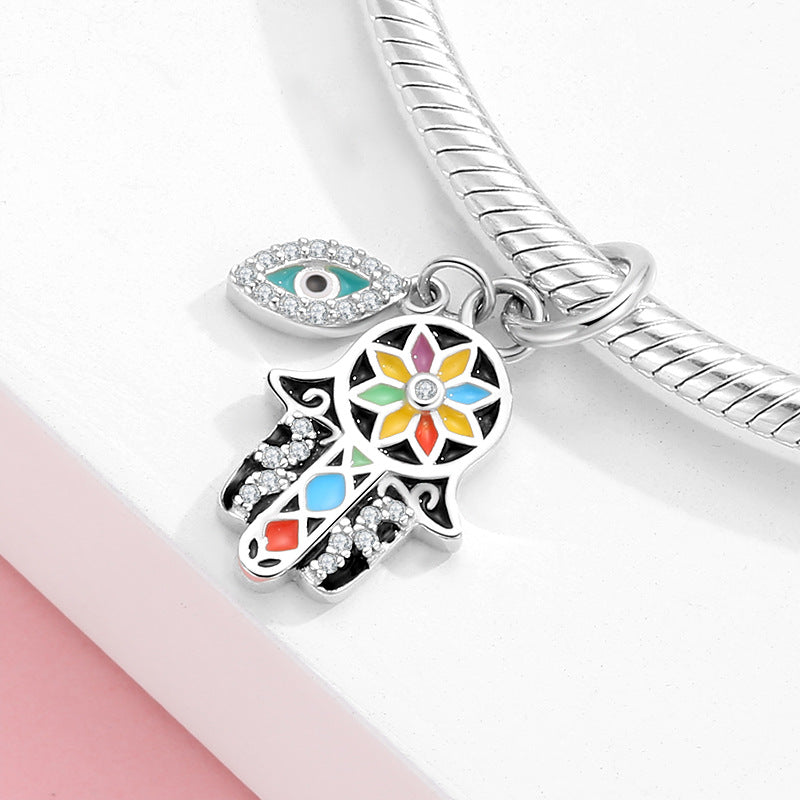 S925 Sterling Silver Hamsa Hand-Shaped Pendant with Diamonds, Epoxy Resin, Blue Eye Ethnic Style Jewelry