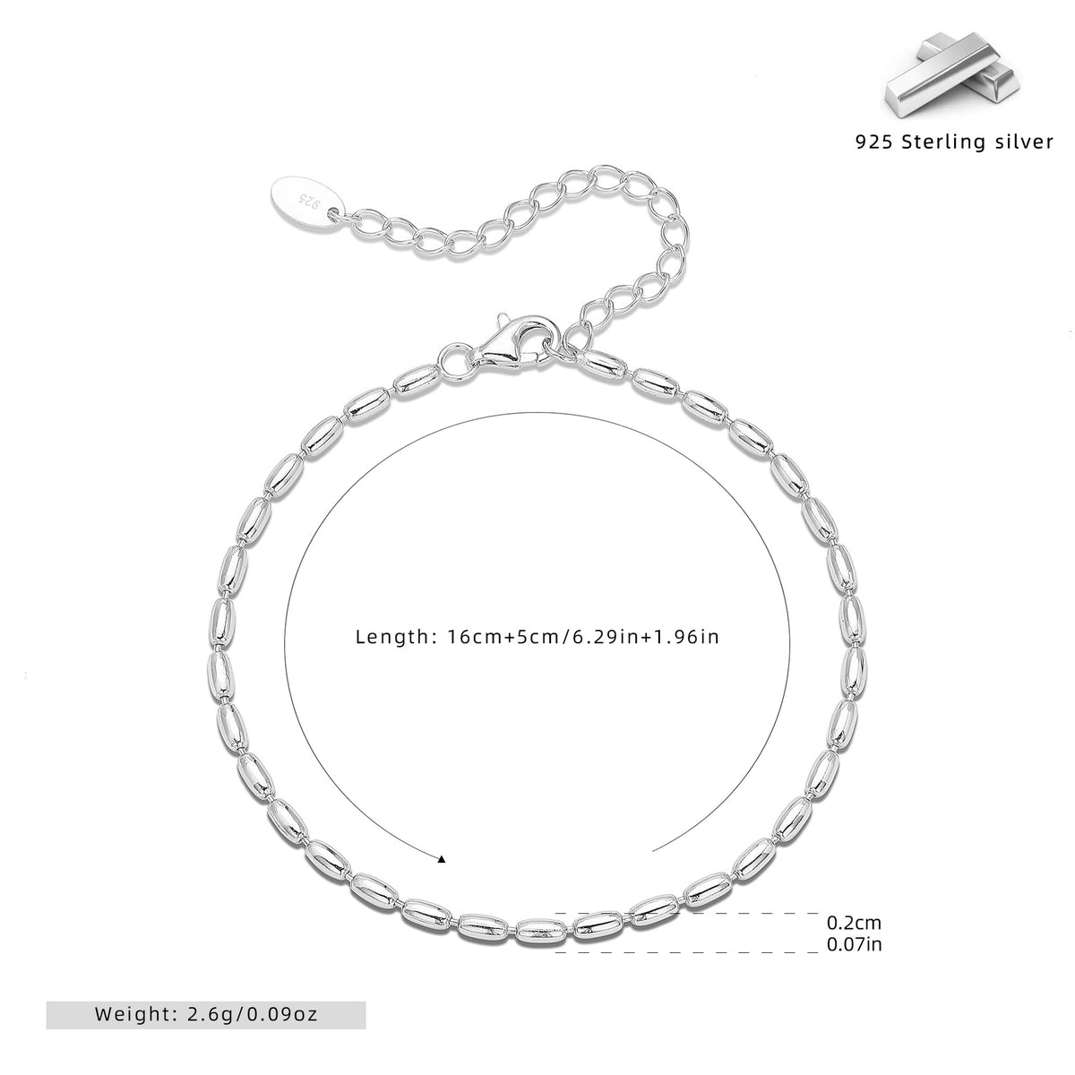 S925 Sterling Silver Rice-Shaped Olive Bead Bracelet