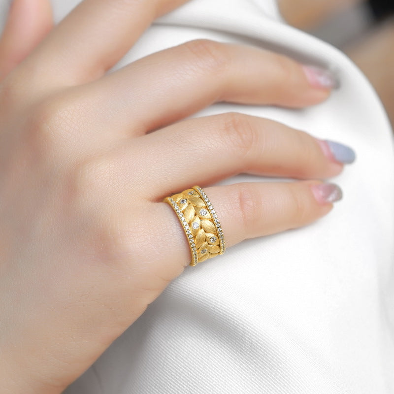 S925 Sterling Silver Gold-Plated Wheat Ear Zircon Ring