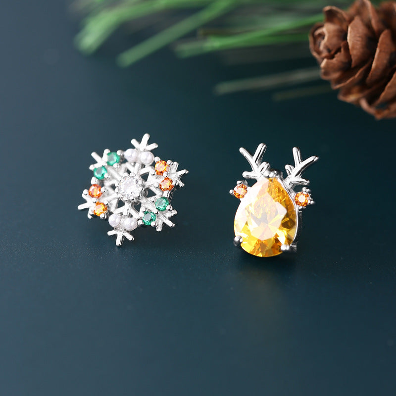 S925 Sterling Silver Christmas Snowflake and Reindeer Stud Earrings