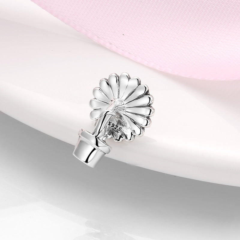 S925 Sterling Silver Creative White Sunflower Potted Beaded Zircon Pendant