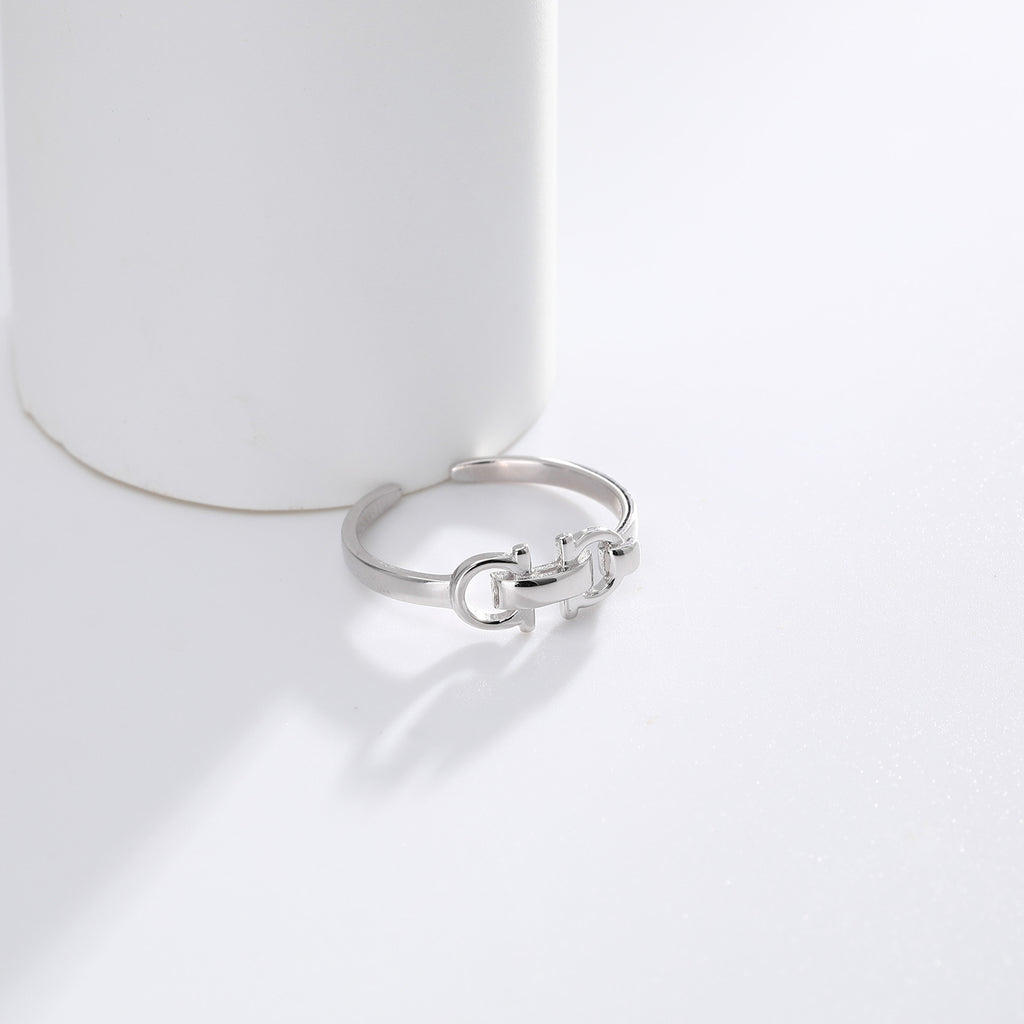 S925 Sterling Silver Trendy Leather Buckle Double D Opening Ring