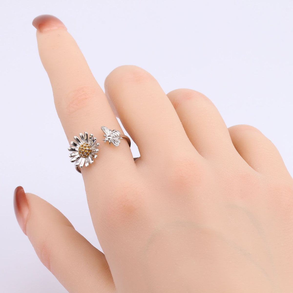 S925 Sterling Silver Creative Personalized Sunflower Bee Zirconia Ring