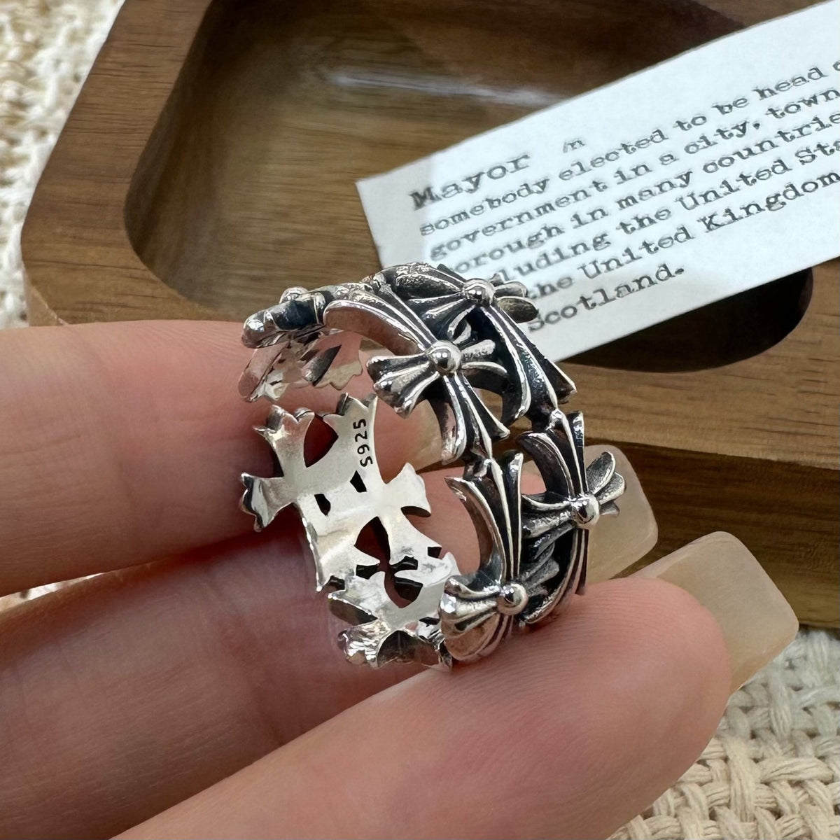 S925 Sterling Silver Halloween Cross Adjustable Ring