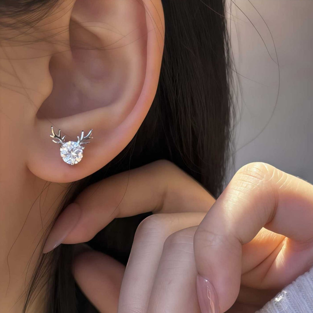 S925 Sterling Silver "Always With You" Reindeer Antler Moissanite Stud Earrings