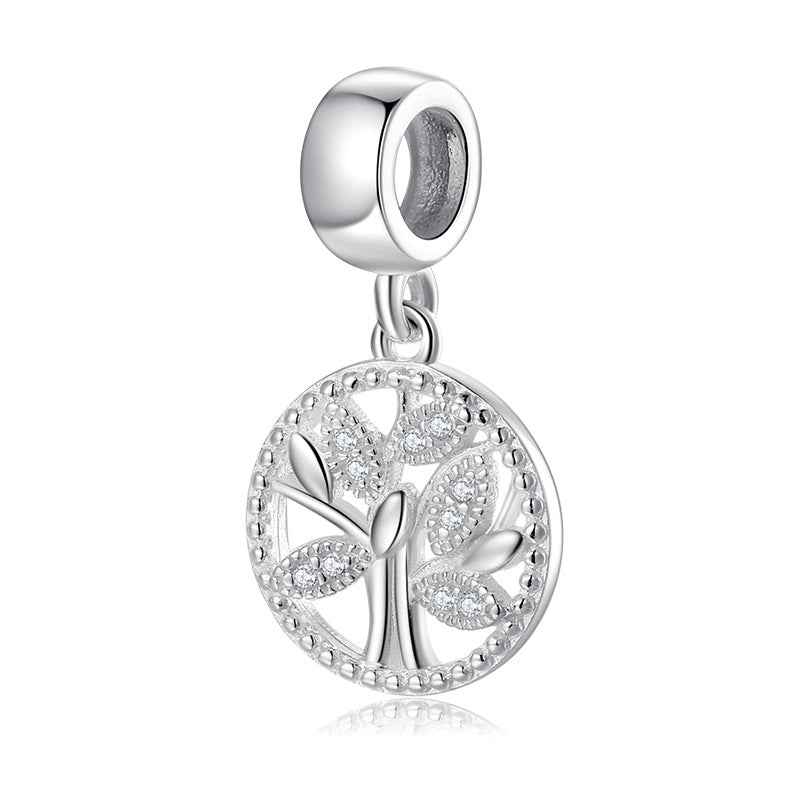 S925 Sterling Silver Round Hollow Zircon Jeweled Tree of Life Pendant