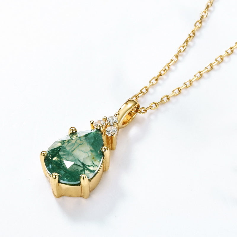 S925 Sterling Silver Inlay Natural Green Agate Pendant Necklace