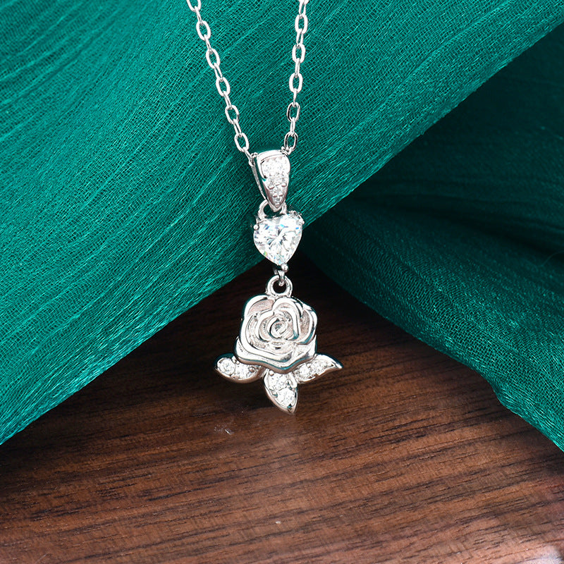 S925 Sterling Silver Moissanite Love Rose Pendant Necklace