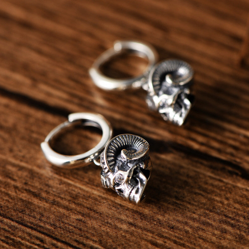 S925 Sterling Silver Halloween Ram-Horned Skull Zircon Earrings