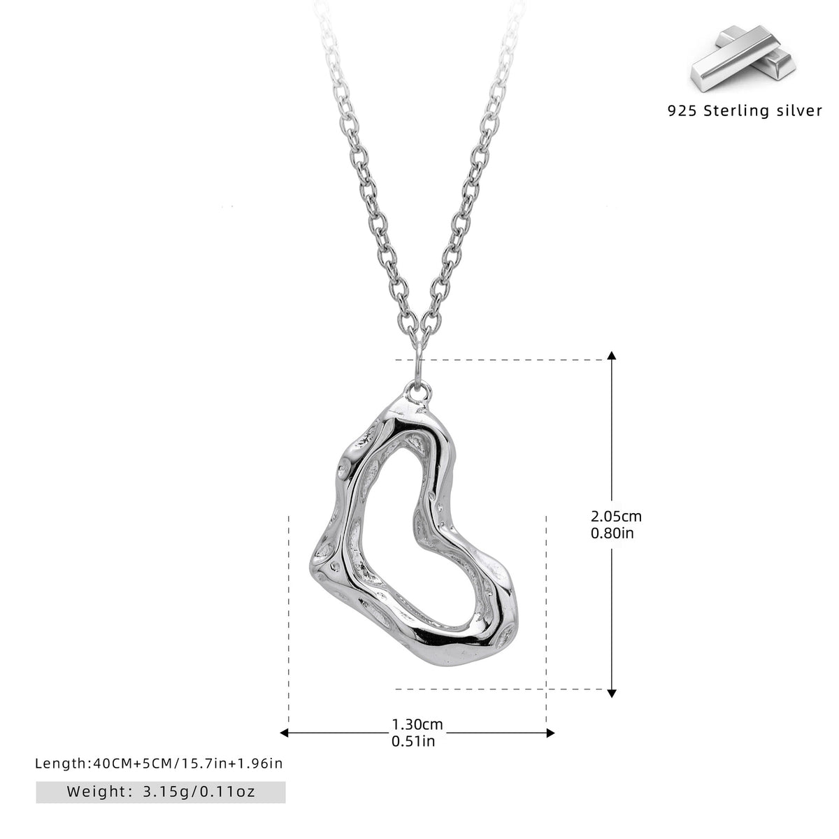 S925 Sterling Silver Irregular Wrinkles Heart Necklace