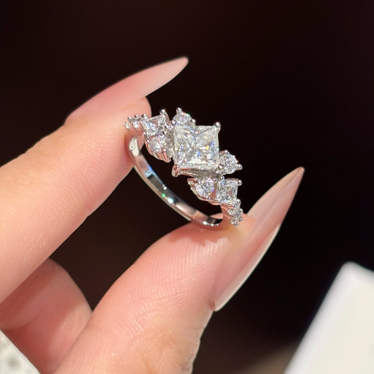 S925 Silver Ring with Colorful Square Moissanite
