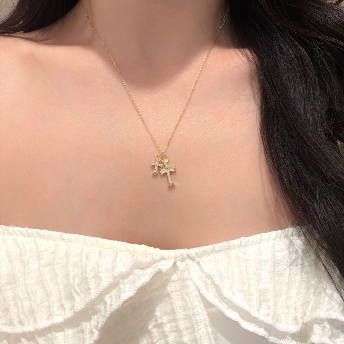 S925 Sterling Silver Moissanite Double Cross Pendant Necklace