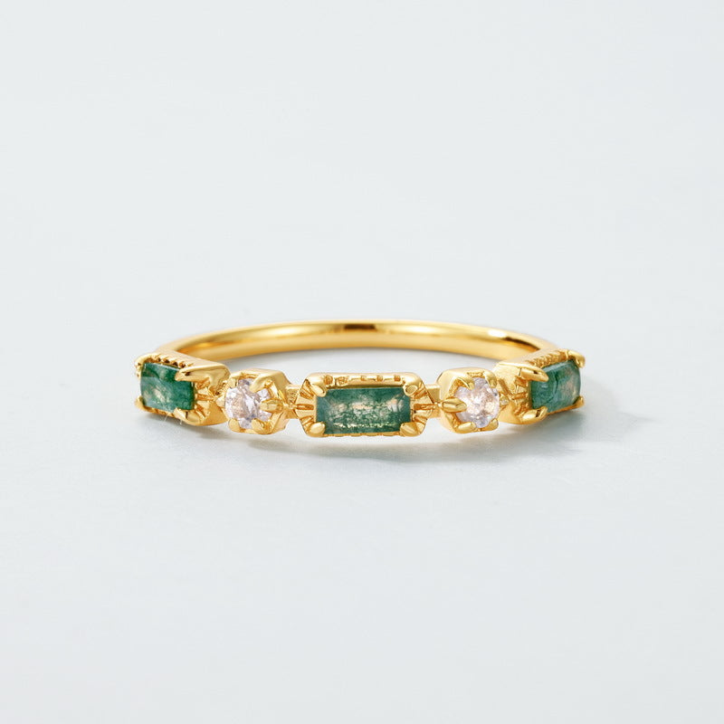 S925 Sterling Silver Gold-Plated Moss Agate Ring