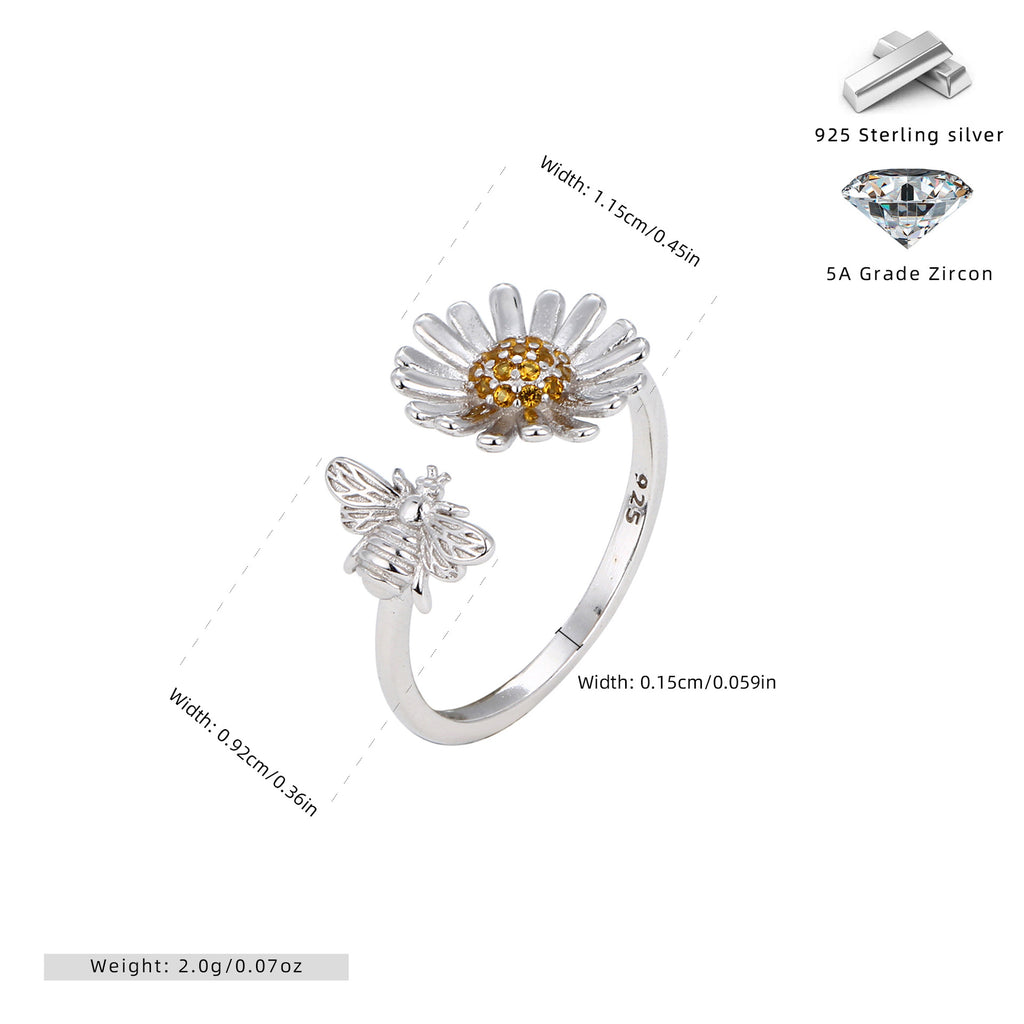 S925 Sterling Silver Creative Personalized Sunflower Bee Zirconia Ring