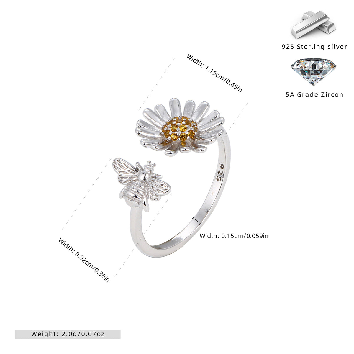 S925 Sterling Silver Creative Personalized Sunflower Bee Zirconia Ring