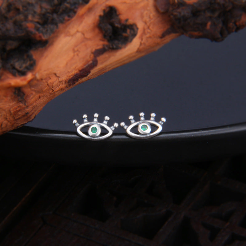 S925 Sterling Silver Halloween Green Demon Eye Stud Earrings with Eyelashes