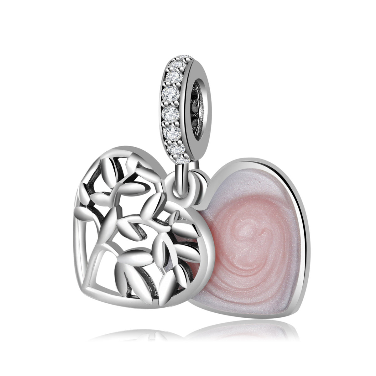 S925 Sterling Silver Loving Heart Pink Gradient Lucky Tree Hollow Design Zircon Pendant