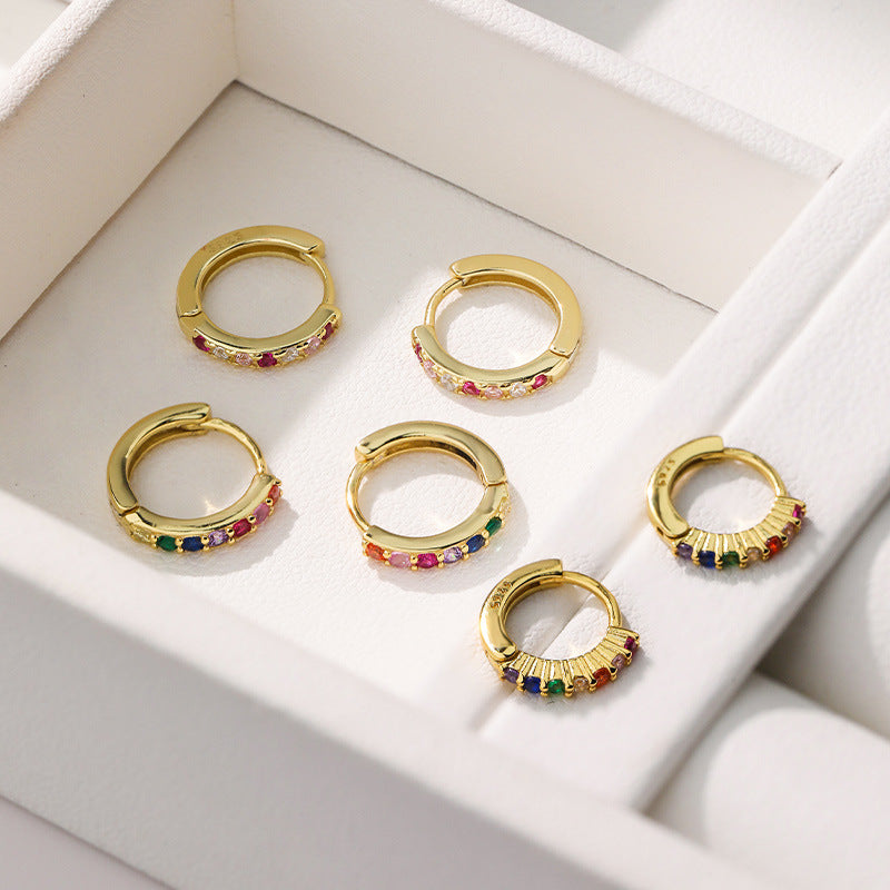 S925 Sterling Silver Round Earrings with Colorful Cubic Zirconia