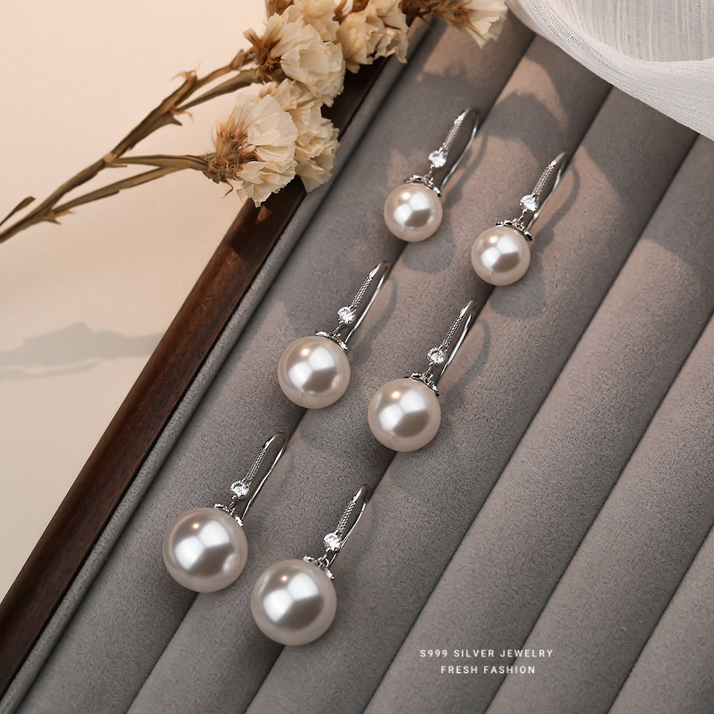 S999 Pure Silver Pearl Drop Earrings with Zirconia
