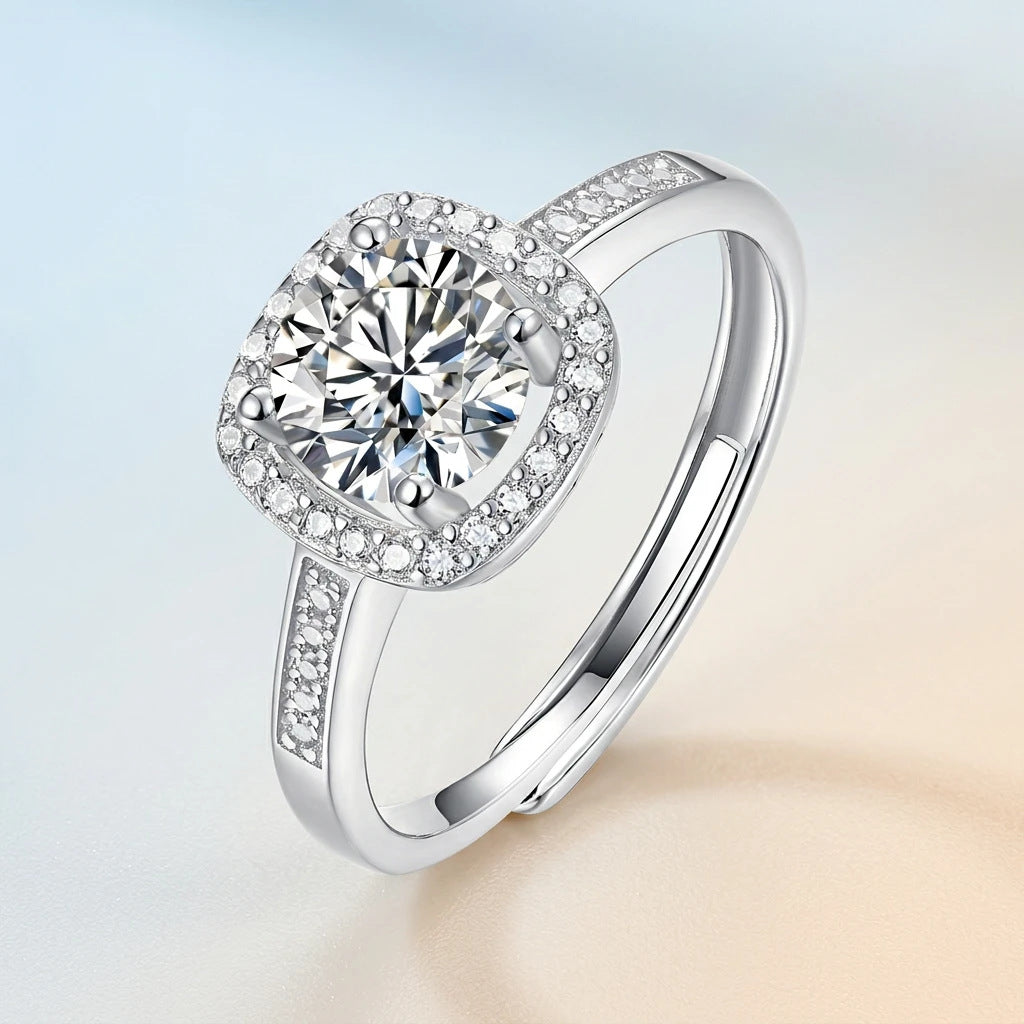 S925 Silver Small Square Ring with Moissanite Halo Setting