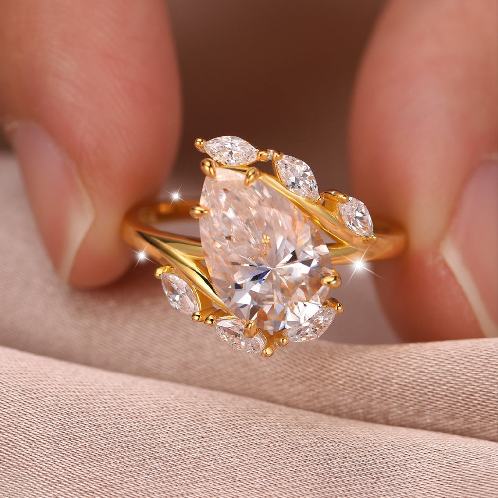 S925 Sterling Silver Drop Moissanite Ring Corolla Shaped Engagement Ring