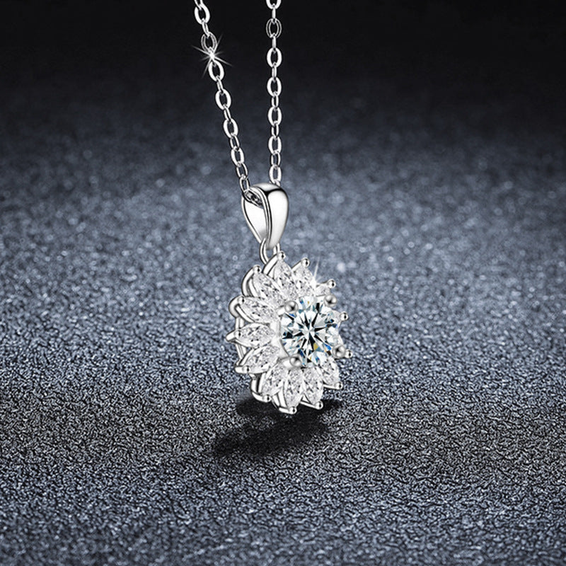 S925 Sterling Silver Moissanite Bright Sunflower Pendant Necklace