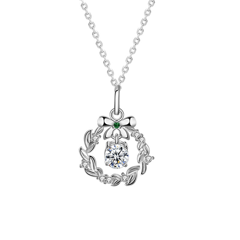 S925 Sterling Silver Moissanite Garland Christmas Bow Pendant Necklace