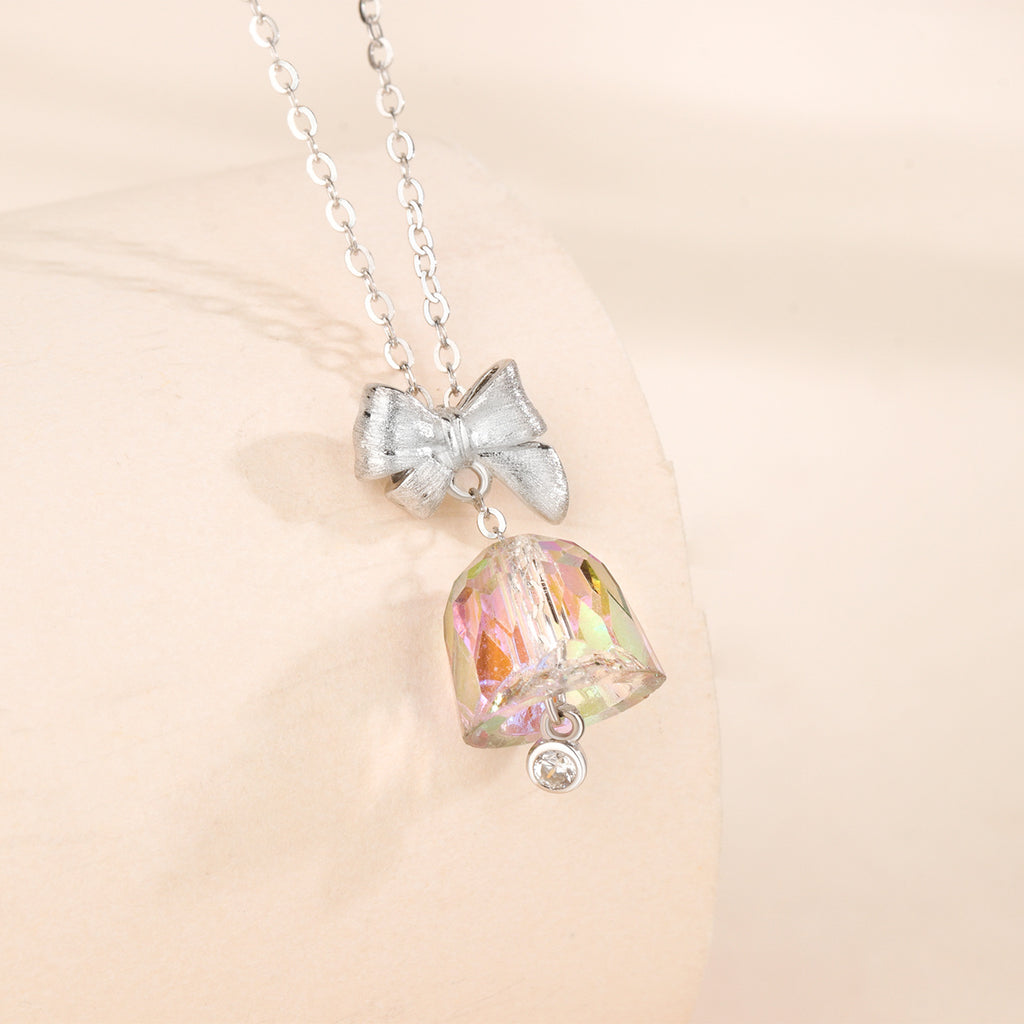 S925 Sterling Silver Brushed-Finish Christmas Bow and Bell Necklace