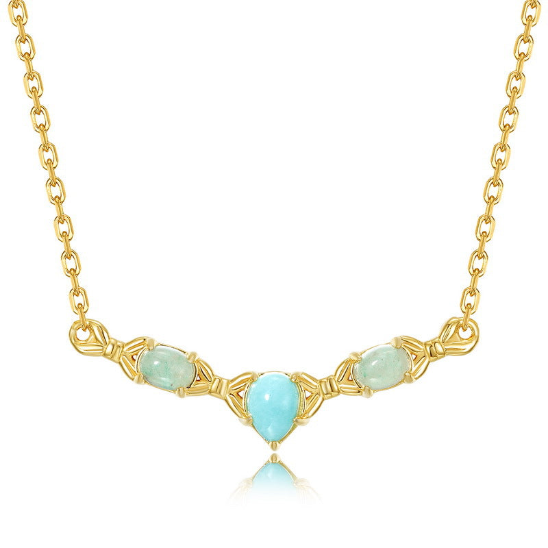 S925 Sterling Silver 10k Gold V-Shaped Necklace Inlaid with Amazonite