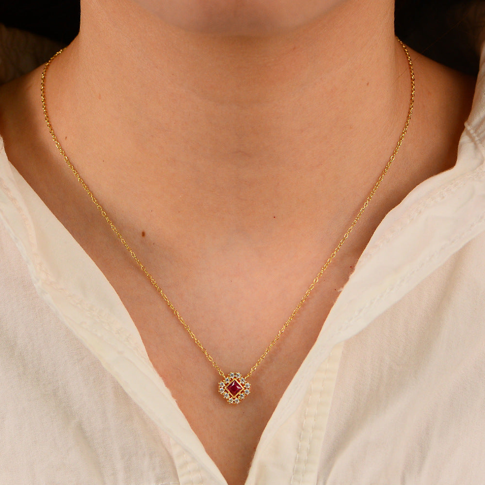 S925 Sterling Silver Geometric Square Ruby Hollow Pendant Zircon Necklace