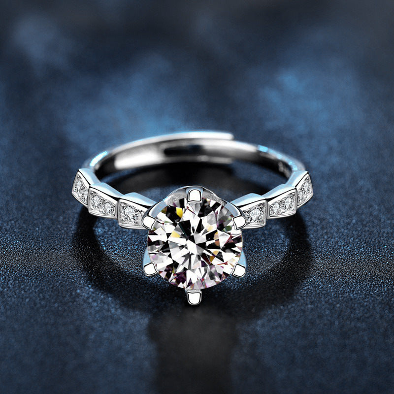 S925 Sterling Silver Bamboo Six-Claw Ring Moissanite Ring