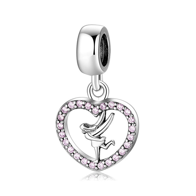 S925 Sterling Silver Heart Shape Pink Zircon Ballet Girl Pendant