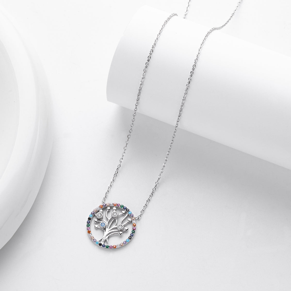 S925 Sterling Silver Colored Zircon Tree of Life Necklace