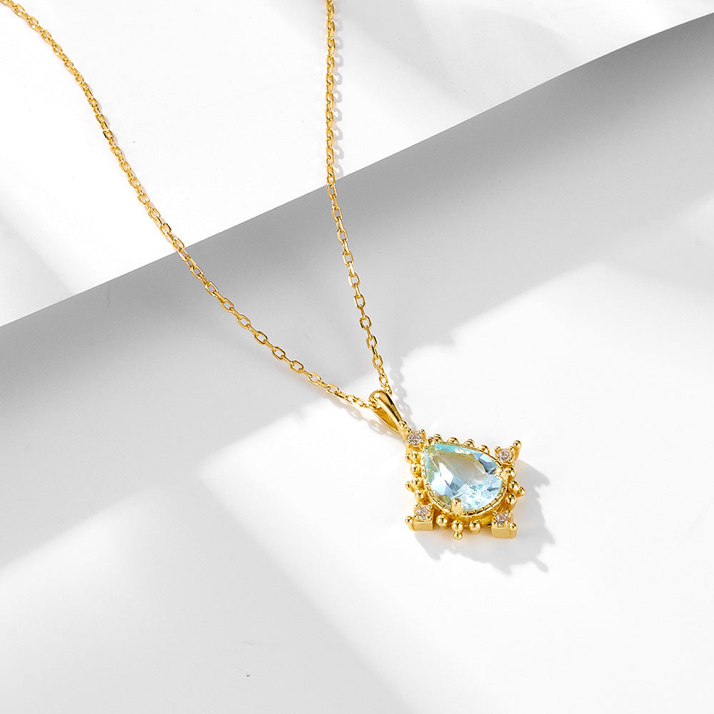 S925 Sterling Silver Drop-Shaped Sky Blue Topaz Pendant Necklace